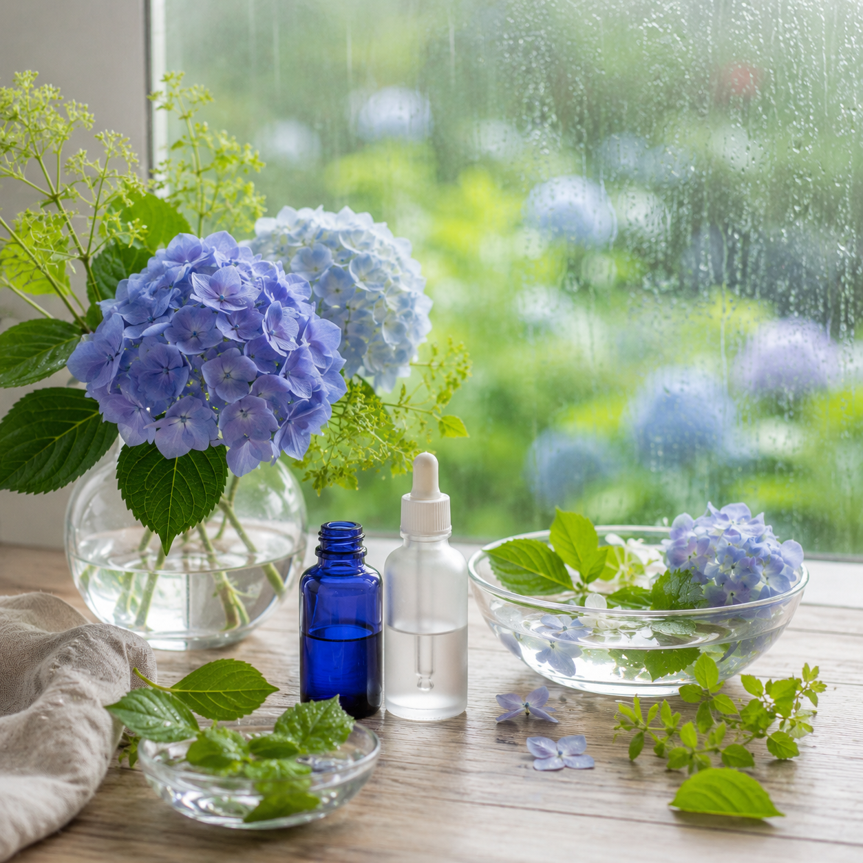 紫陽花と精油ボトルのある雨の日の窓辺